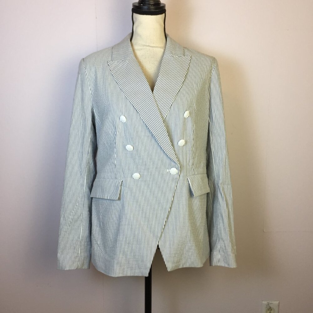 New! Carolina Belle Blazer Jacket Sz L Womans Blue White Double Breasted Striped